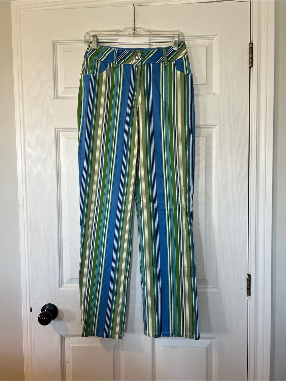 Frank Lyman Design Blue and Green Vertical Stripe Straight-Leg Pants